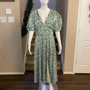 Alexia Admor Green Floral Midi Dress Puff Sleeve V-Neck Back Slit Size S
